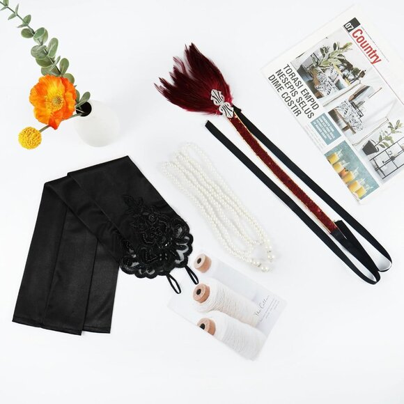 1920s Flapper Accessories Set Pearl Necklace Gloves Feather Headband - Picture 7 of 7